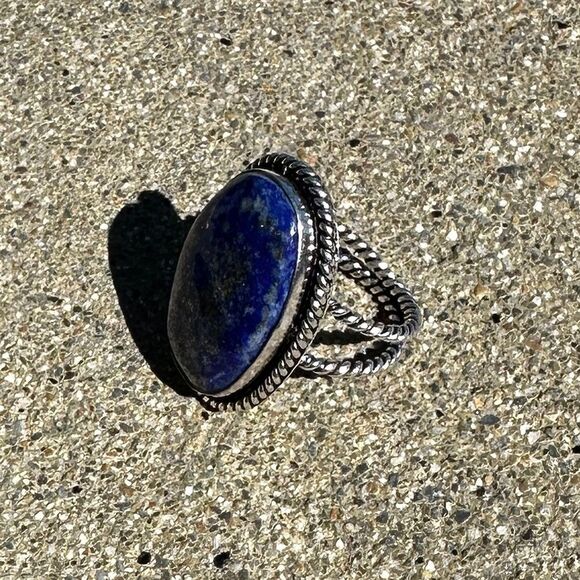 NEW Blue Lapis Lazuli Gemstone Chunky Oval Ring w/ Twist Rope Silver Band Sz 9 - Picture 10 of 15